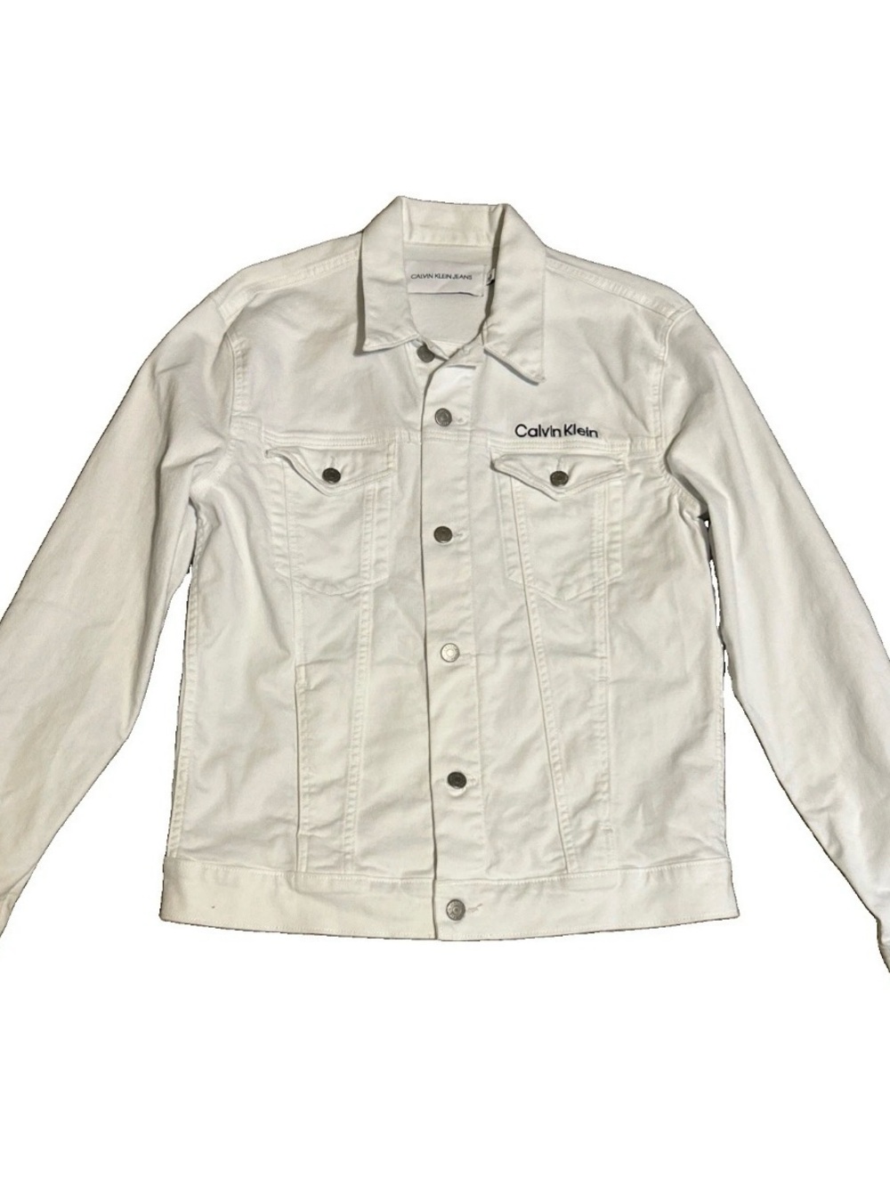 Calvin Klein Jeans White Logo Denim Jacket Women’s Snap Front Trucker Casual Med